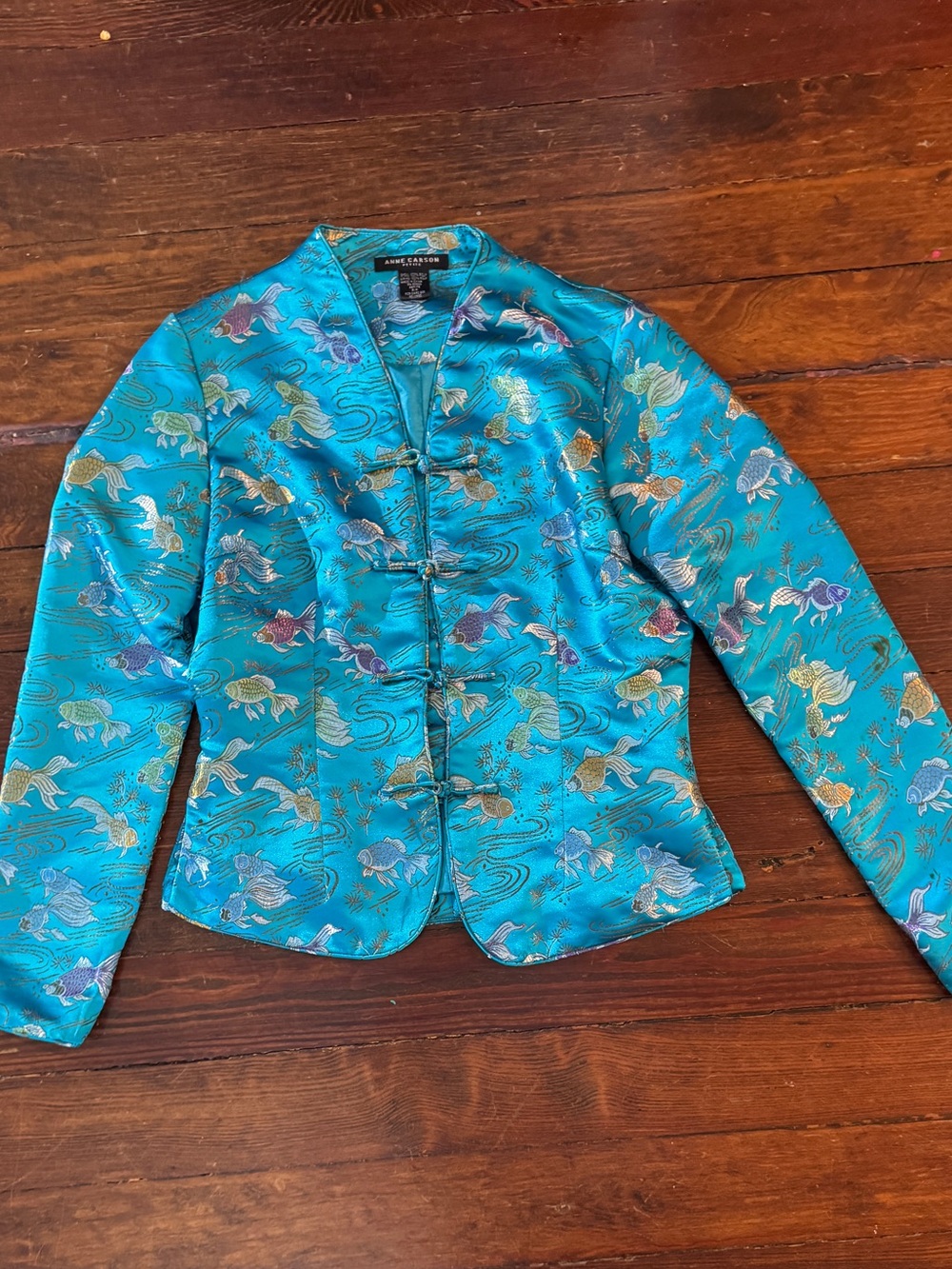 Anne Carson blue teal satin fish Asian button front top blouse size SP